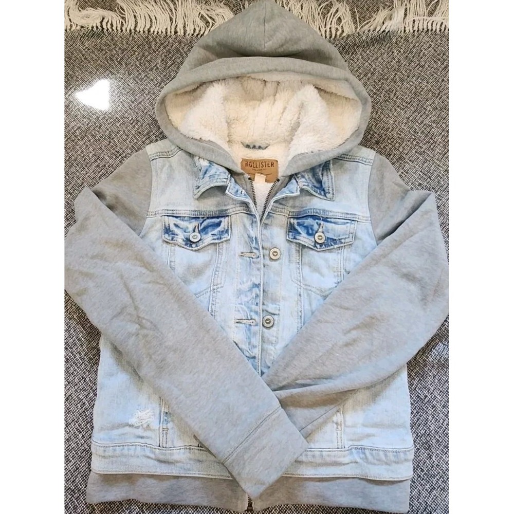 Hollister Hooded Jean Jacket Denim Coat‎ w/ Knit Sleeves Fleece Women's Sz Small